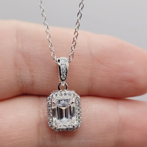 Certified 2 CT Emerald Cut Moissanite Pendant Necklace | 925 Sterling Silver - Picture 12 of 17